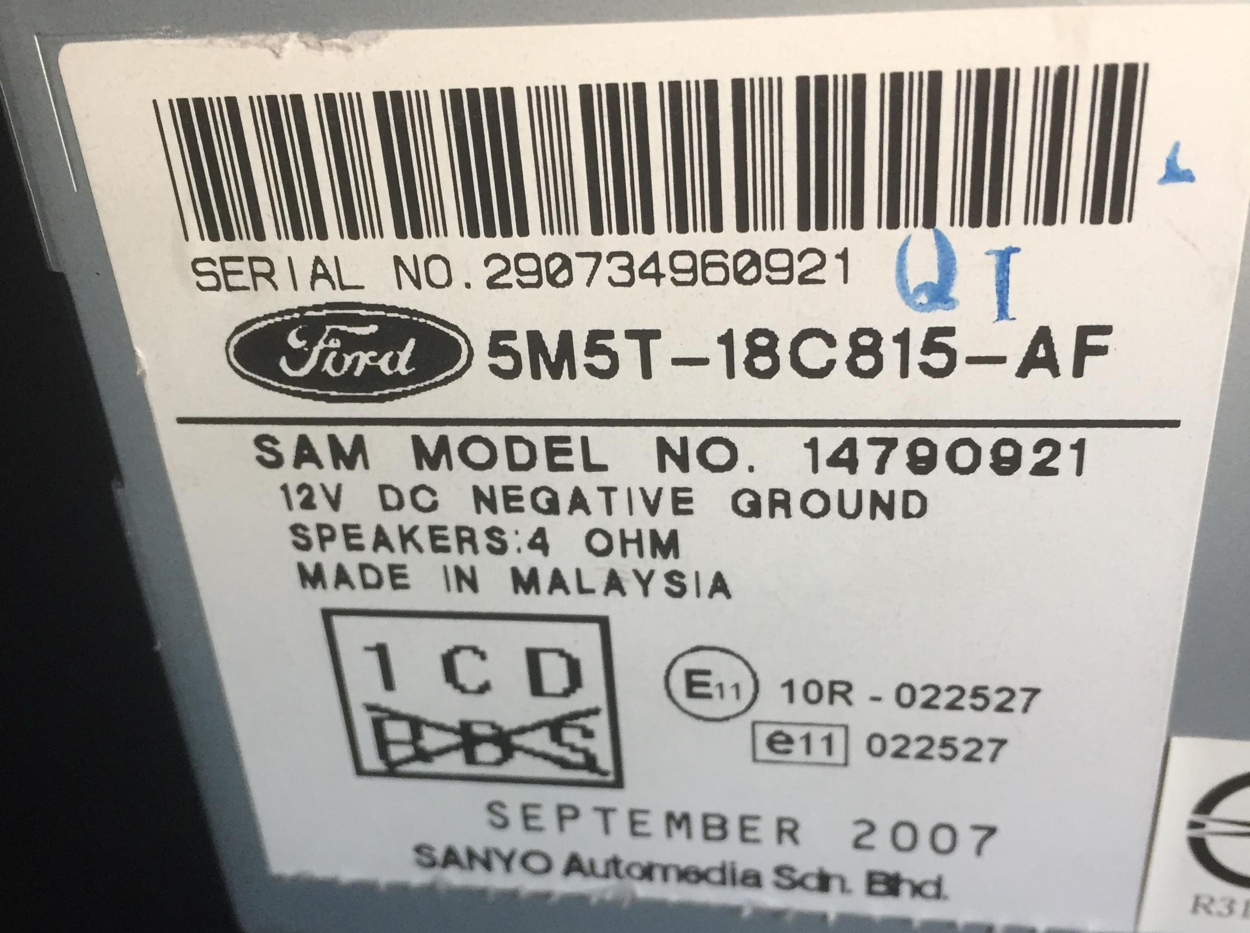 Ford Sanyo-Panasonic 12-digit serial number label